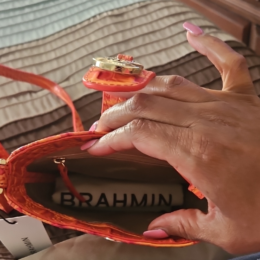 Brahmin Marley Dusty Melbourne Leather Orange-Pink Croc-Embossed Crossbody - Picture 5 of 6